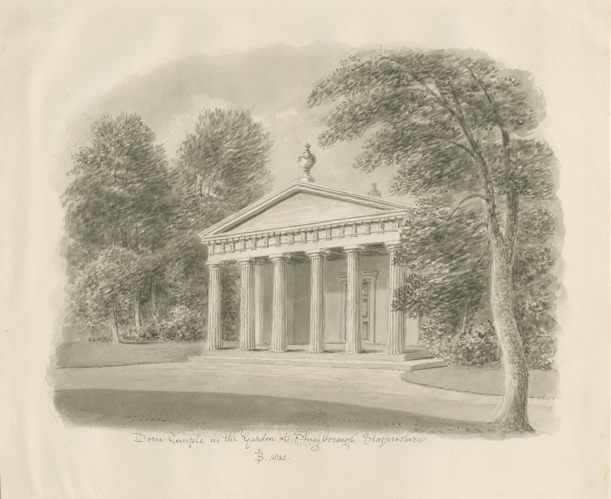 Shugborough - Doric Temple (Sepia Drawing, 1842) by John Buckler