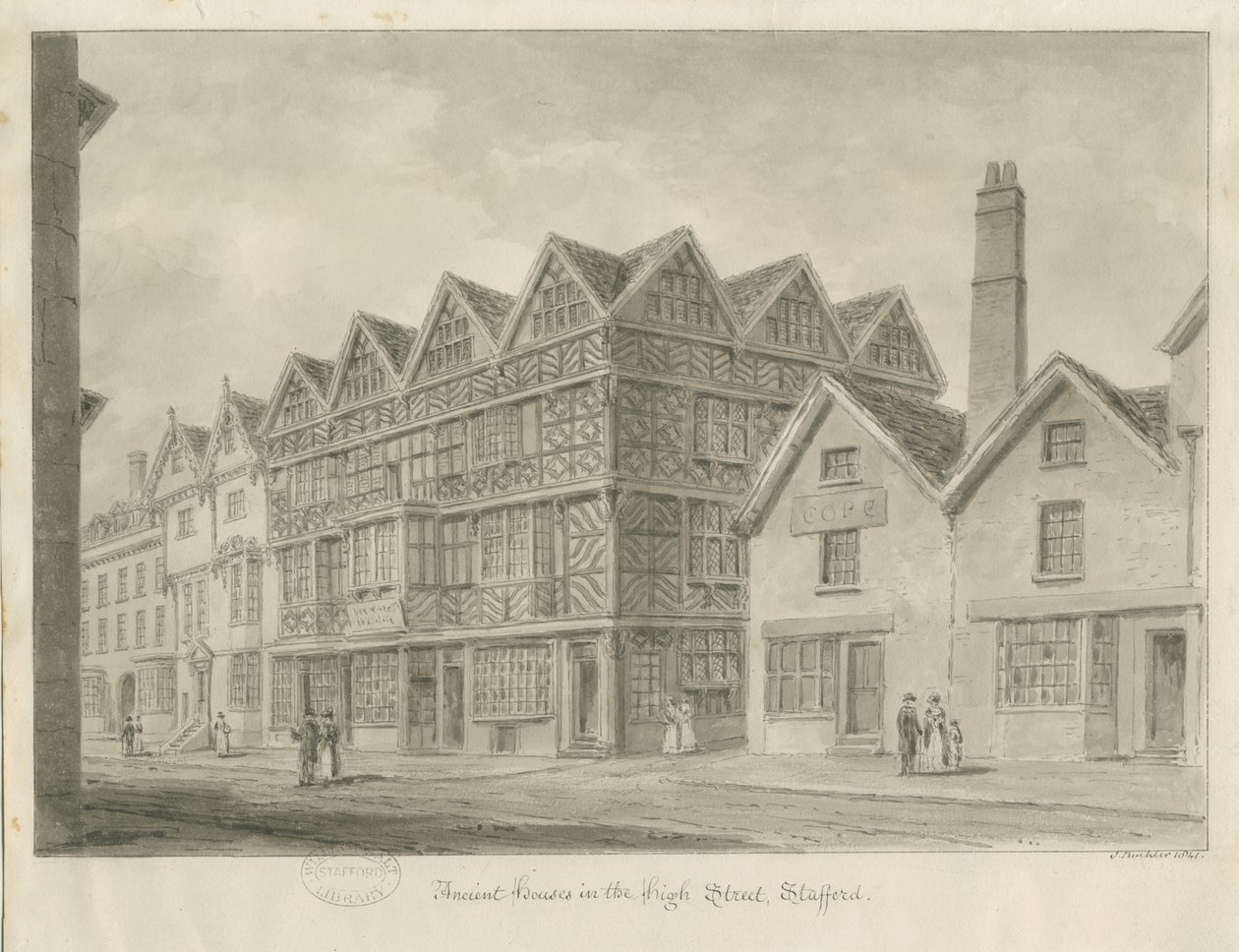 Stafford - Ancient High House: sepia drawing, 1841 by John Buckler