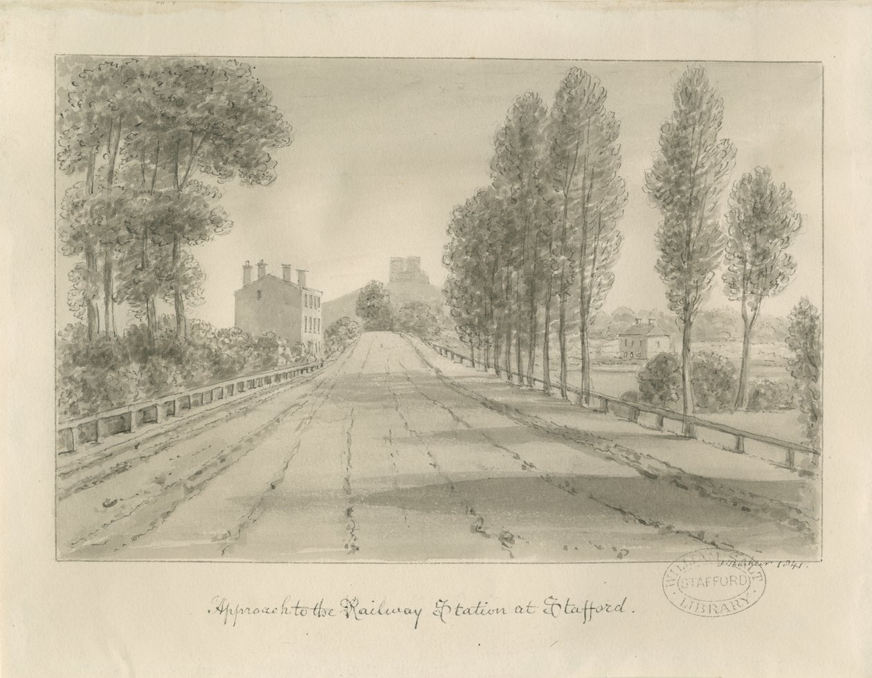 Stafford - Approach to Railway Station: sepia drawing by John Buckler
