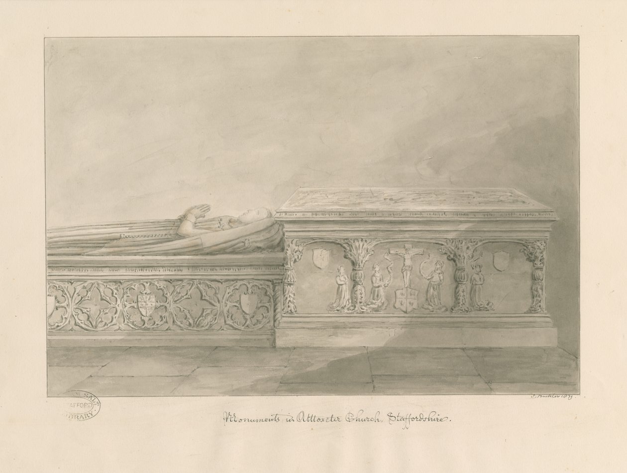 Uttoxeter Church - Tombs of Thomas Kinnersley and of a woman by John Buckler