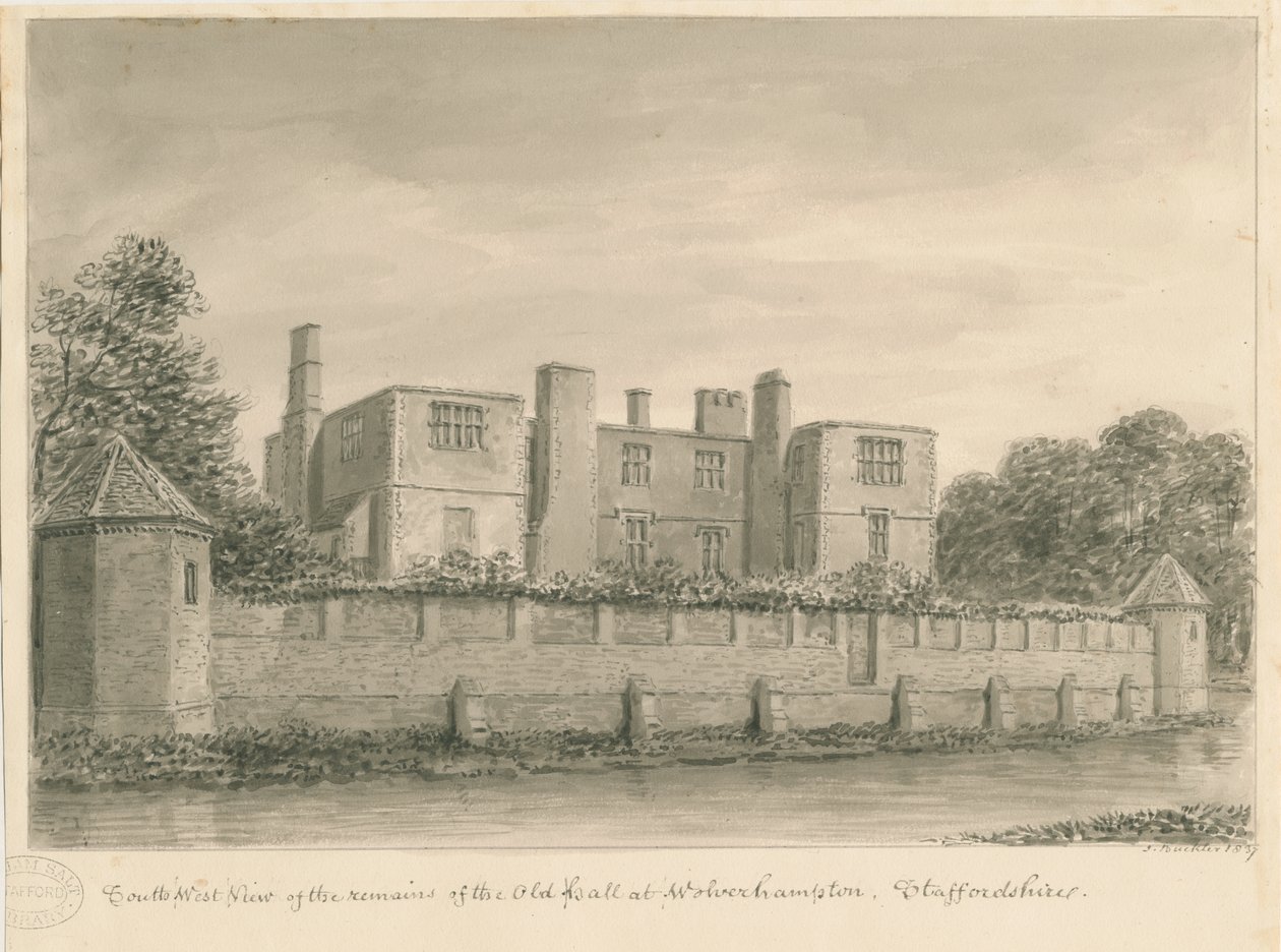 Wolverhampton - The Old Hall (sepia drawing, 1837) by John Buckler