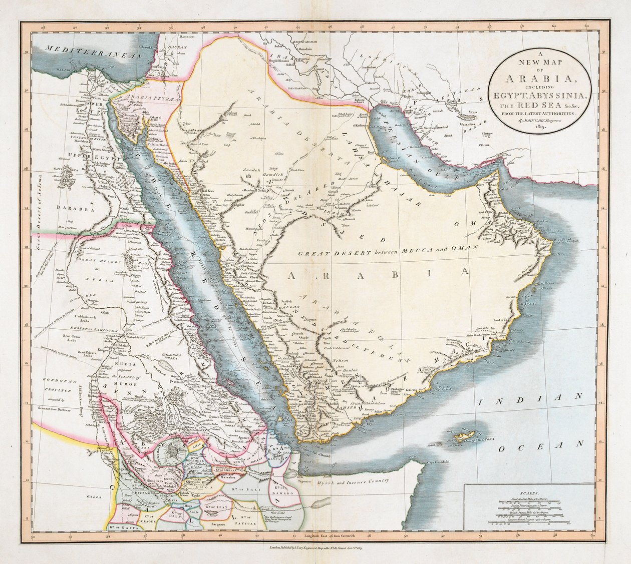 A New Map of Arabia, Including Egypt, Abyssinia, the Red Sea, etc. by John Cary