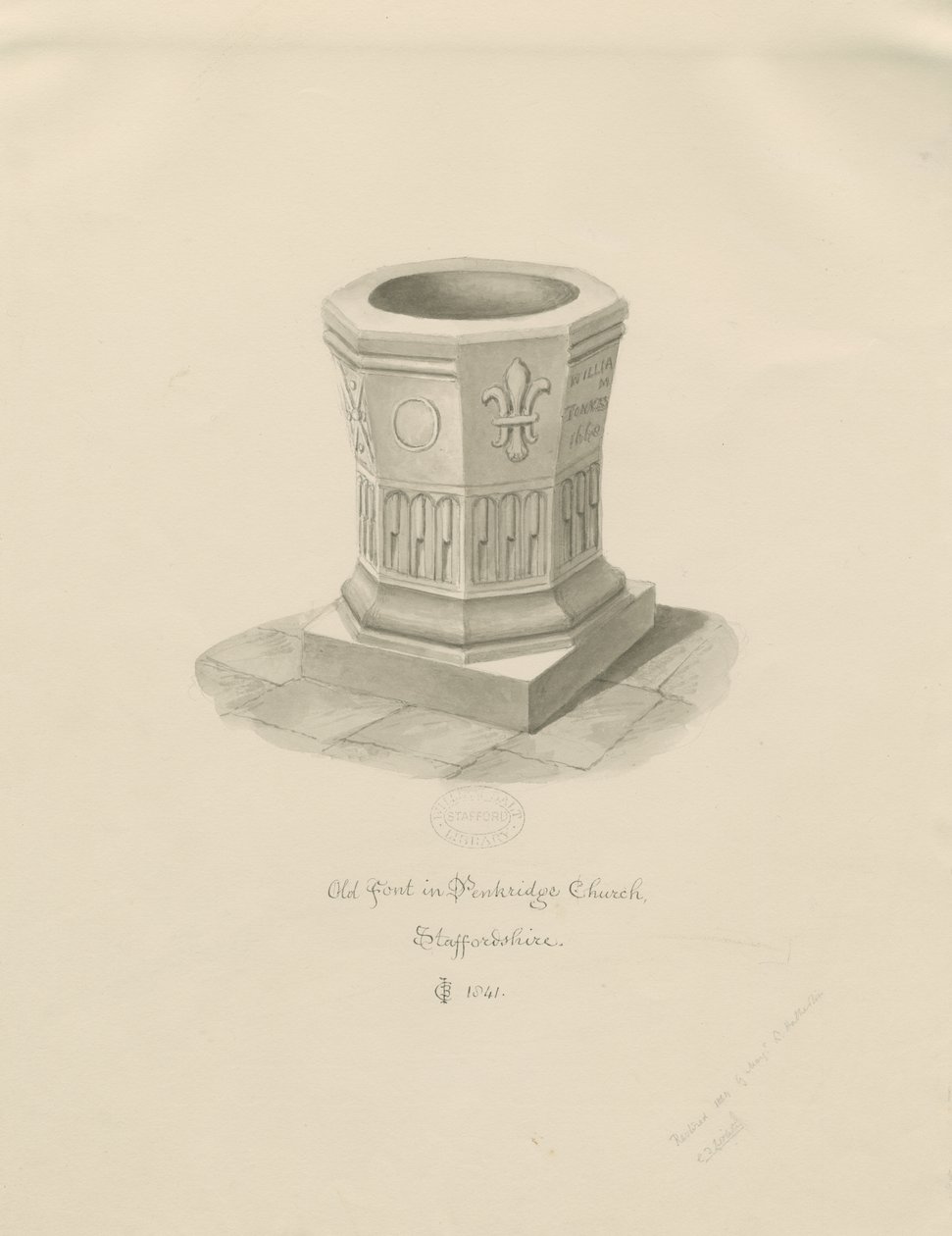 Font in Penkridge Church by John Chessell Buckler
