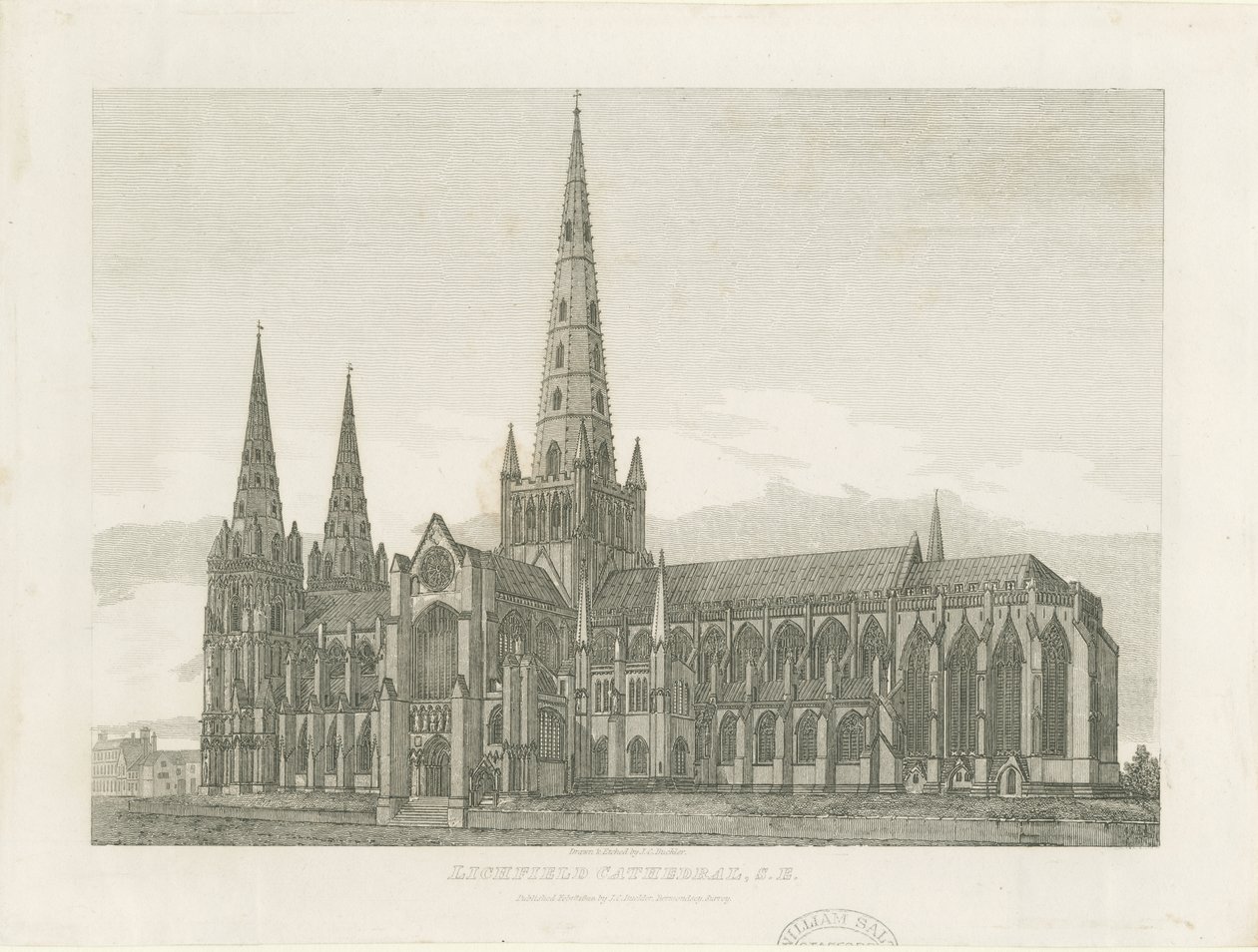 Lichfield Cathedral - South East View (engraving) by John Chessell Buckler