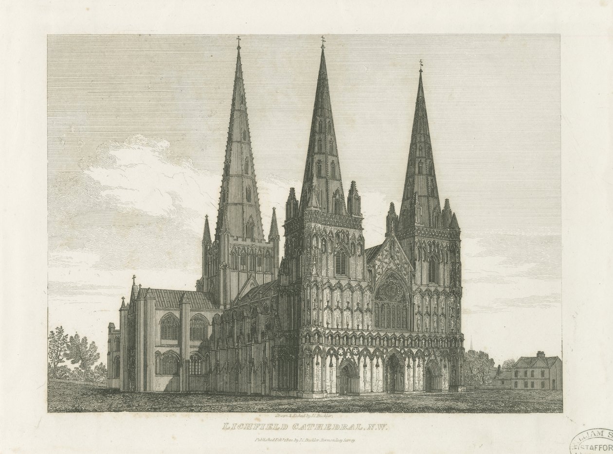 Lichfield Cathedral - West Front: Engraving by John Chessell Buckler