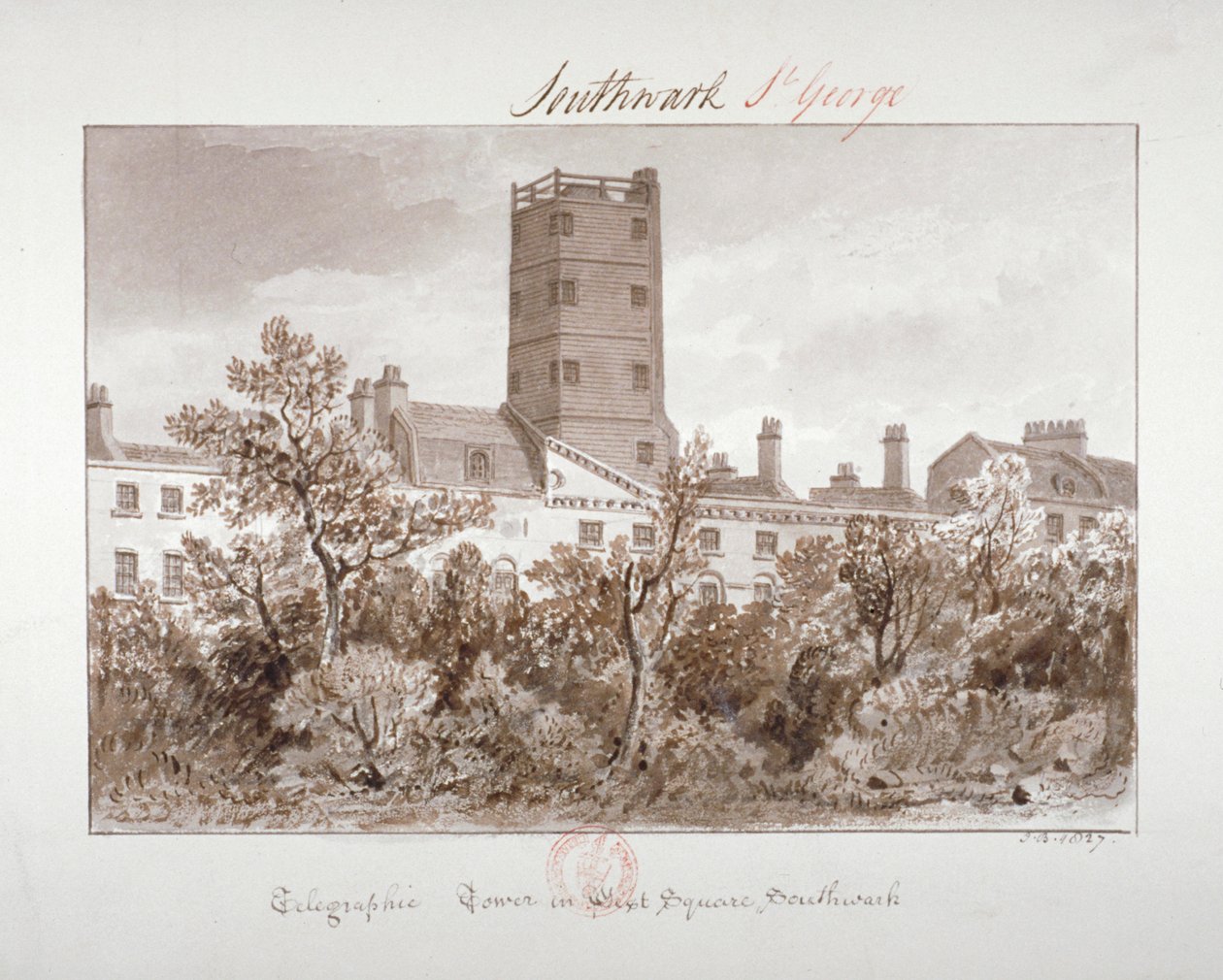 View of Telegraphic Tower in West Square, Southwark, London, 1827 by John Chessell Buckler