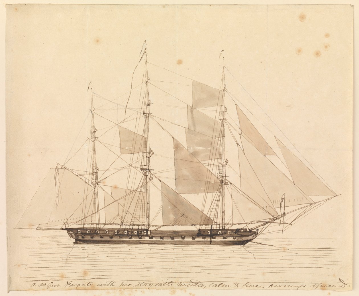 A 50-Gun Frigate with Her Staysails Hoisted, Calm and Fine, Awnings Spread, Mid 19th Century by John Christian Schetky
