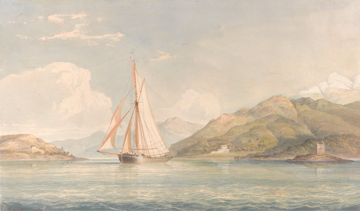 Boat Sailing to the Left with Mountains in the Background by John Christian Schetky