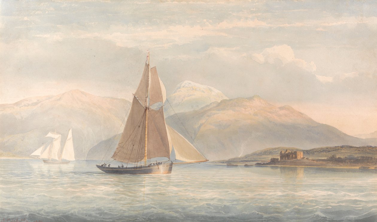 Boat Sailing to the Right with Mountains in the Background by John Christian Schetky