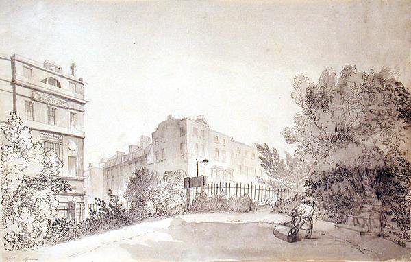 View of Fitzroy Square with Two Figures pulling a Garden Roller, c.1808 by John Claude Nattes