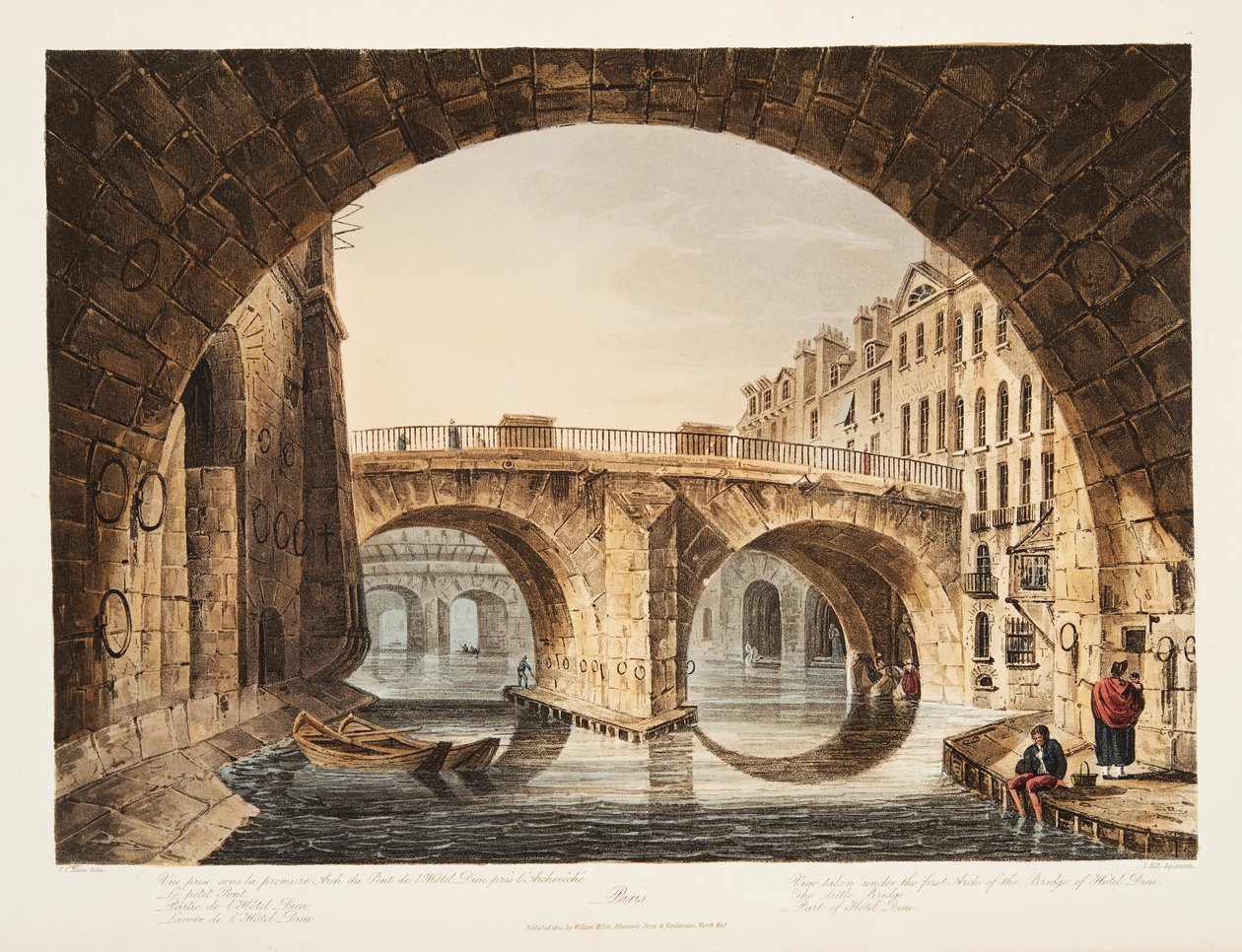 View taken from under the first Arch of the Bridge of the Hotel Dieu, the Little Bridge, Part of Hotel Dieu, illustration from Versailles, Paris and Saint Denis by John Claude Nattes