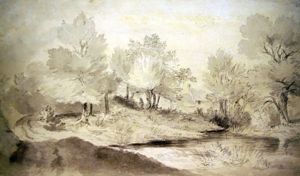 A Suffolk Pond, with Cottages in the Distance by John Constable
