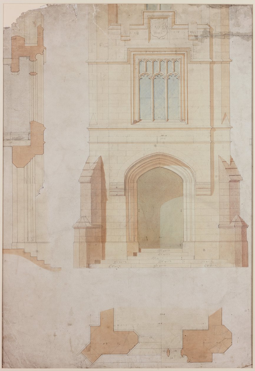Elevation, Section and Plan of the Main Entrance of Holme Eden by John Dobson