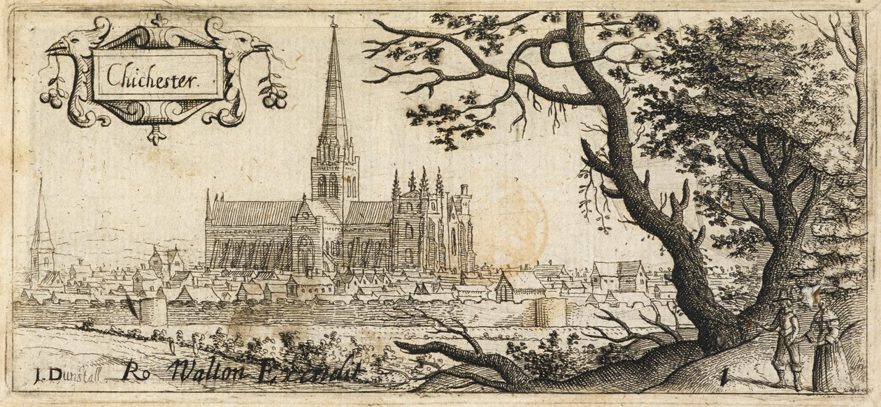 Two figures standing by a large tree with Chichester in the distance by John Dunstall