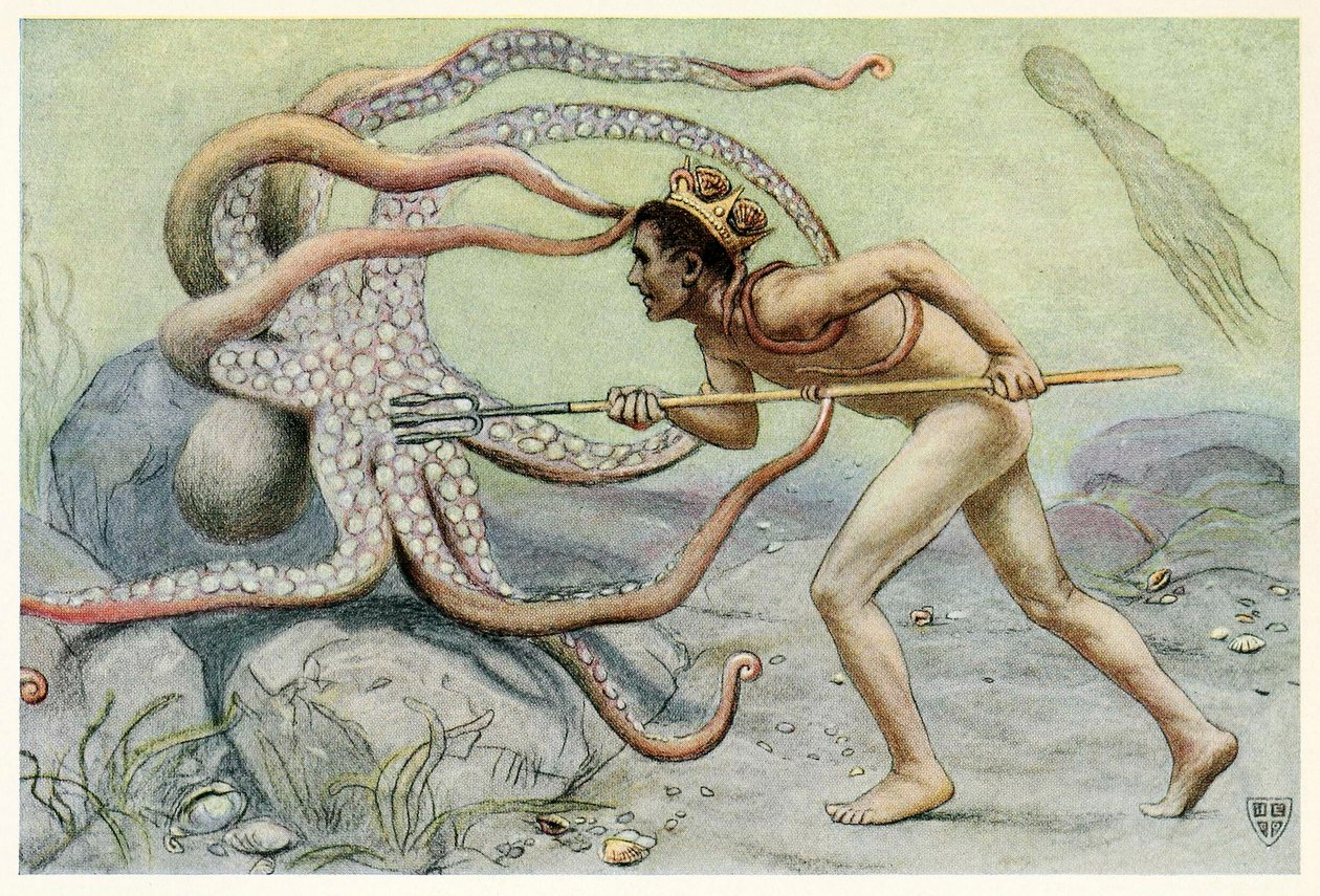 He Was Very Brave and Strong, and Battled with the Great Octopus from The Great Sea Horse, 1909 by John Elliot