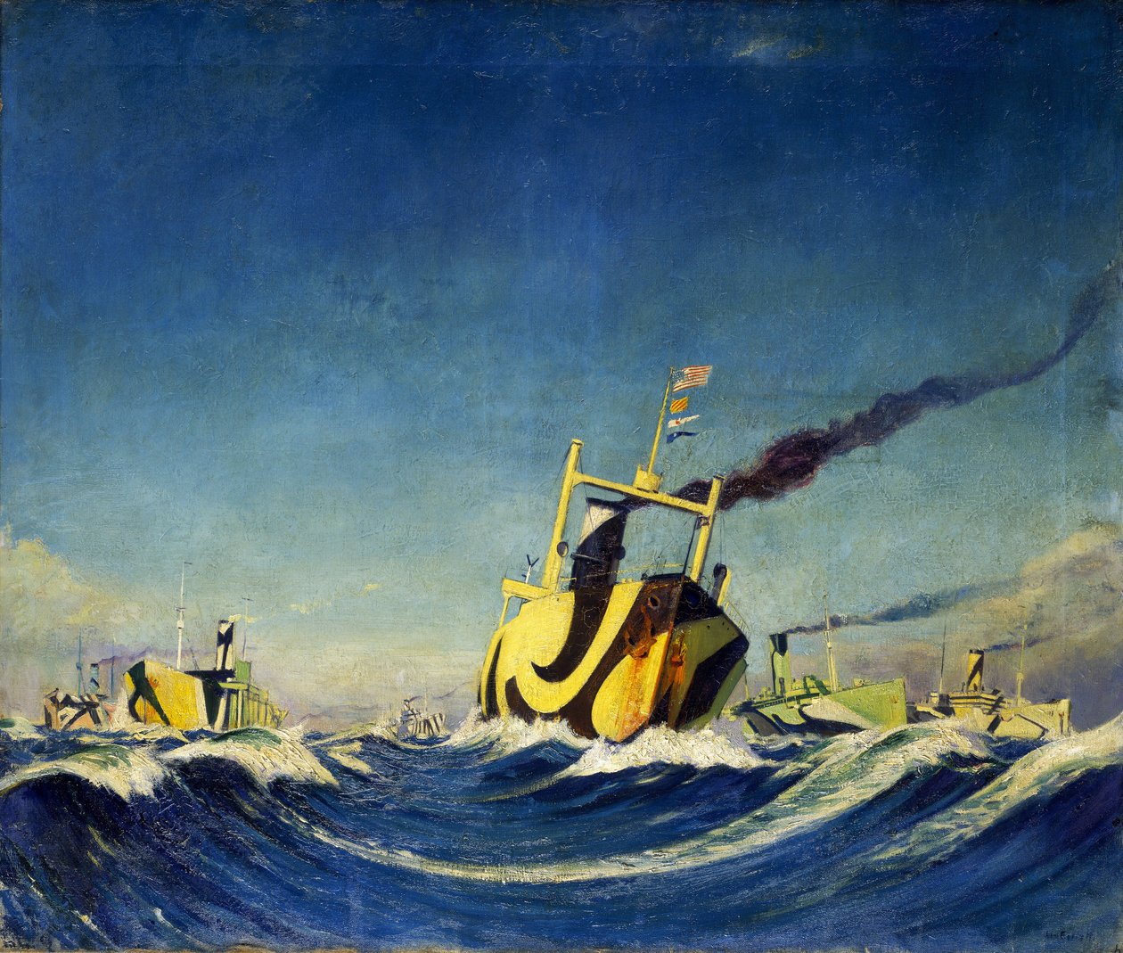 A convoy of ships whose hull is covered with patterns used for camouflage during the First World War by John Everett