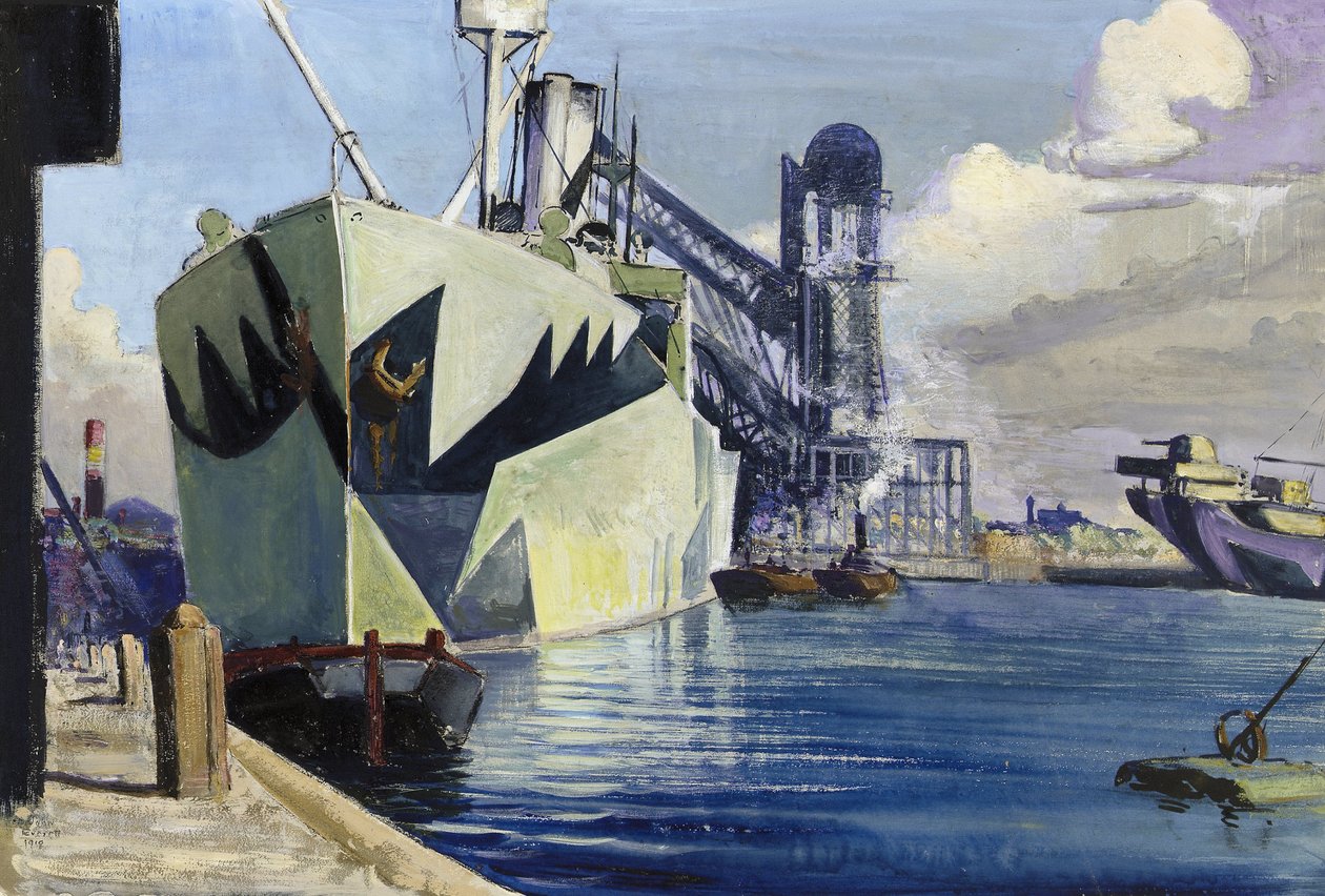 Dock Canada in Liverpool, with an Anchored Warship, Painted with Colourful Camouflage by John Everett