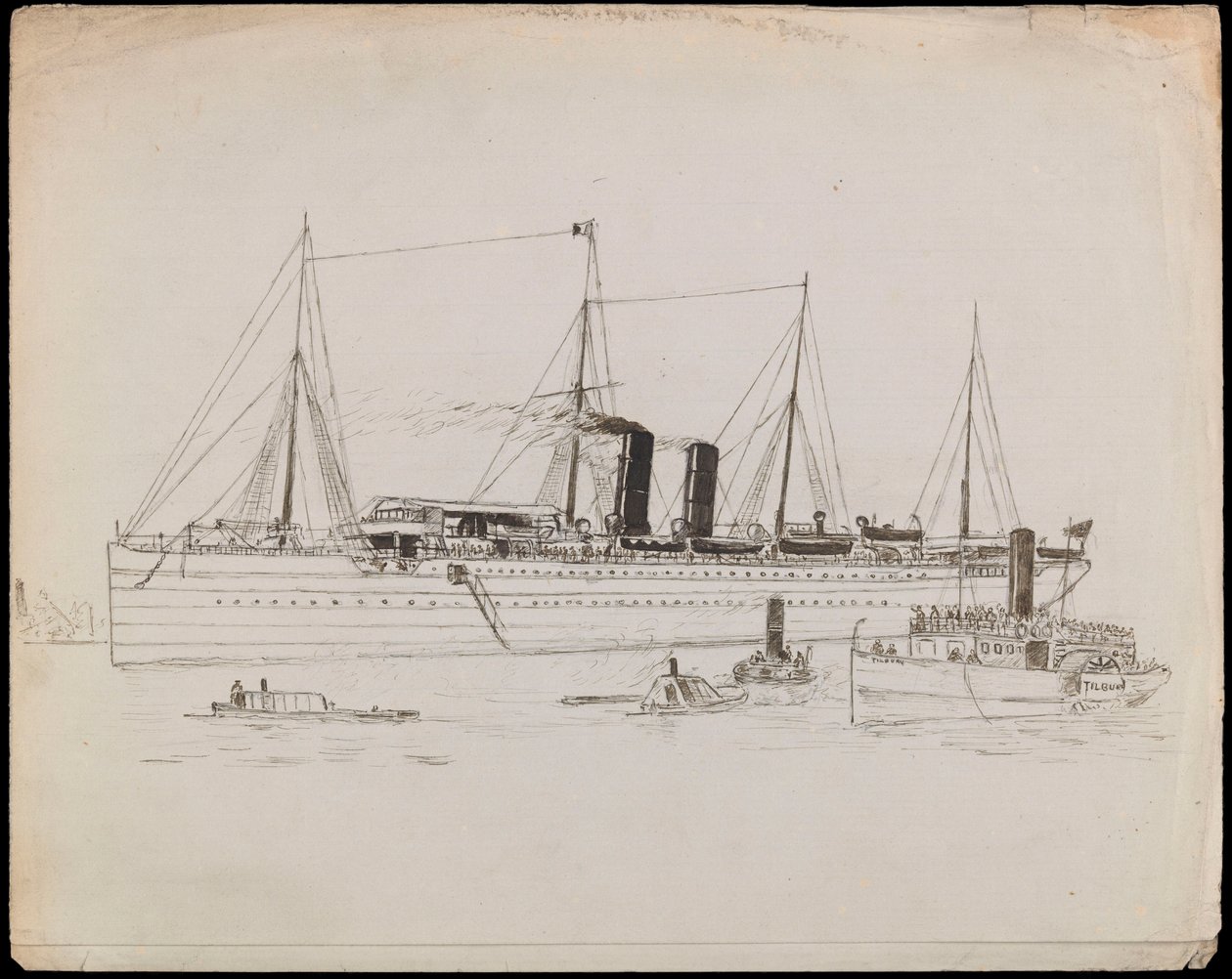 Steam Vessel Near a Coast with Tug Alongside. Passenger Liner with Tug, and Paddle Steamer Tilbury Nearby by John Everett