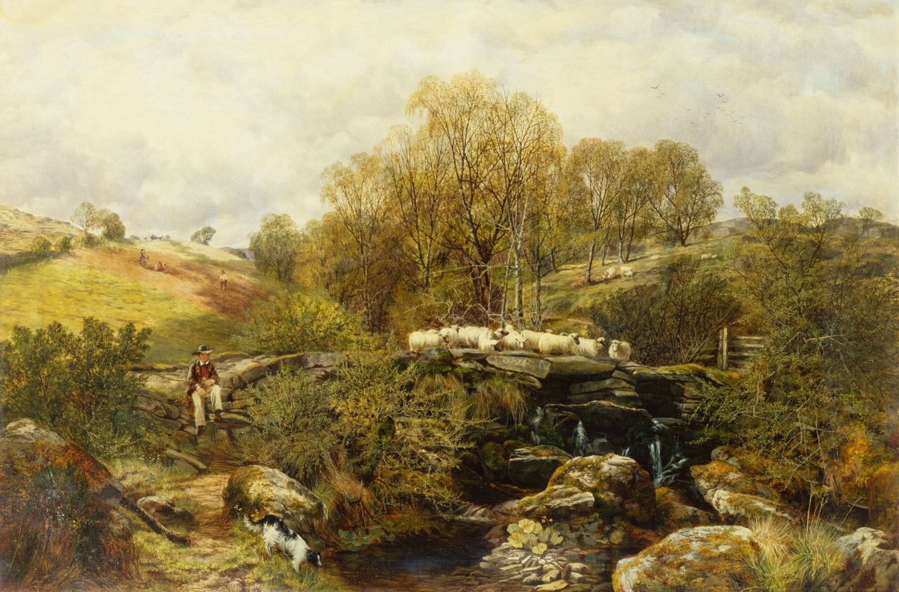 A Shepherd and his Sheep by A Stream by John F. Tennant