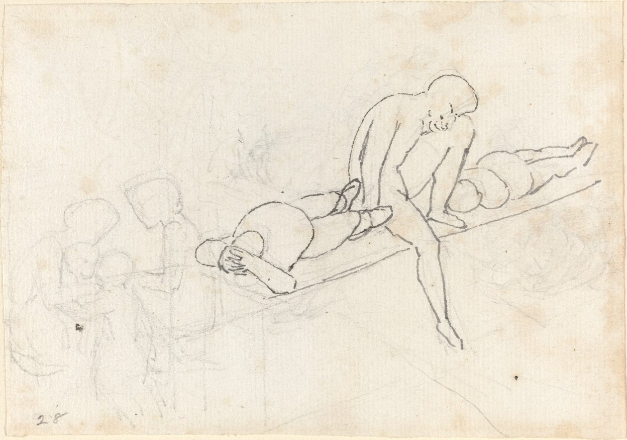 Seated Man Flanked by Two Reclining Figures; Huddle of Figures in Lower Left Corner by John Flaxman