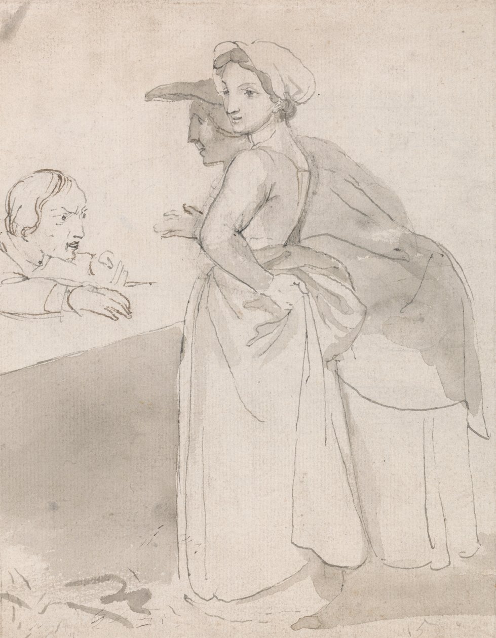 Two Women Talking to a Man at a Counter by John Flaxman