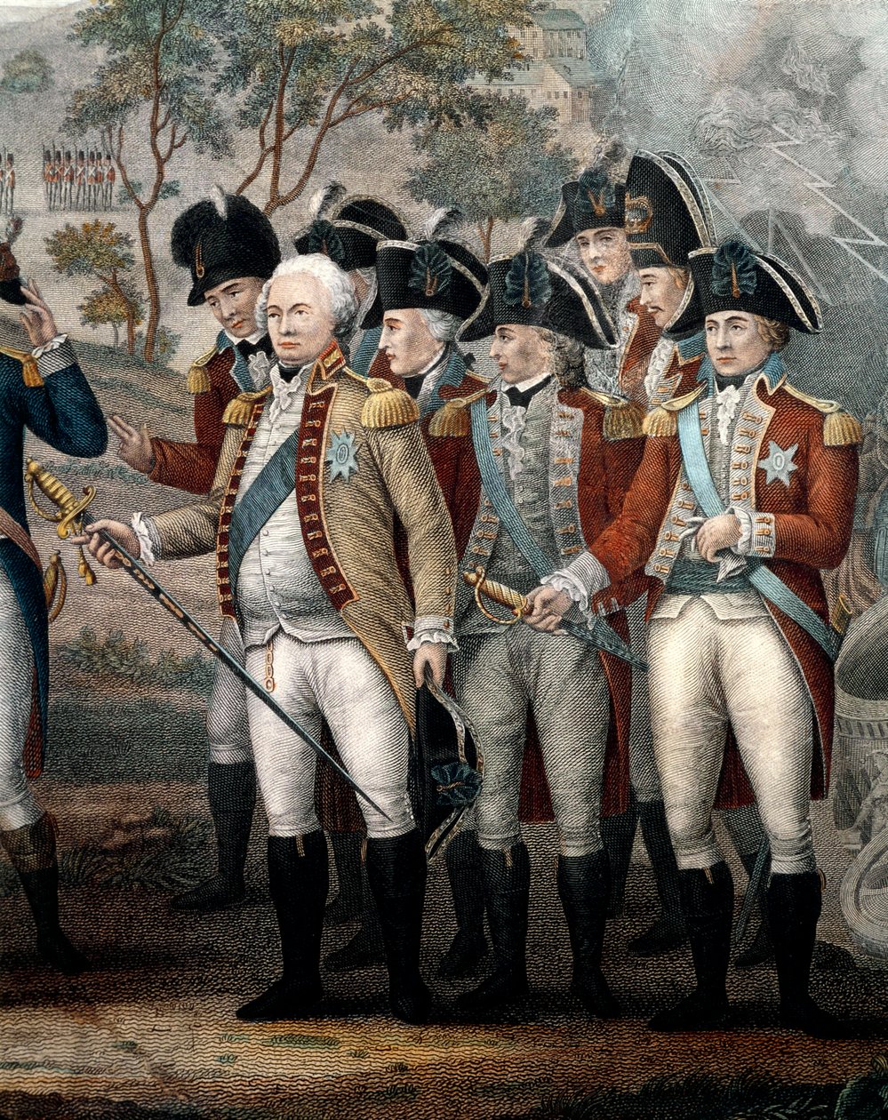 British Officers Surrendering to General G. Washington after Their Defeat at Yorktown, October 1781, engraving by John Francis Renault