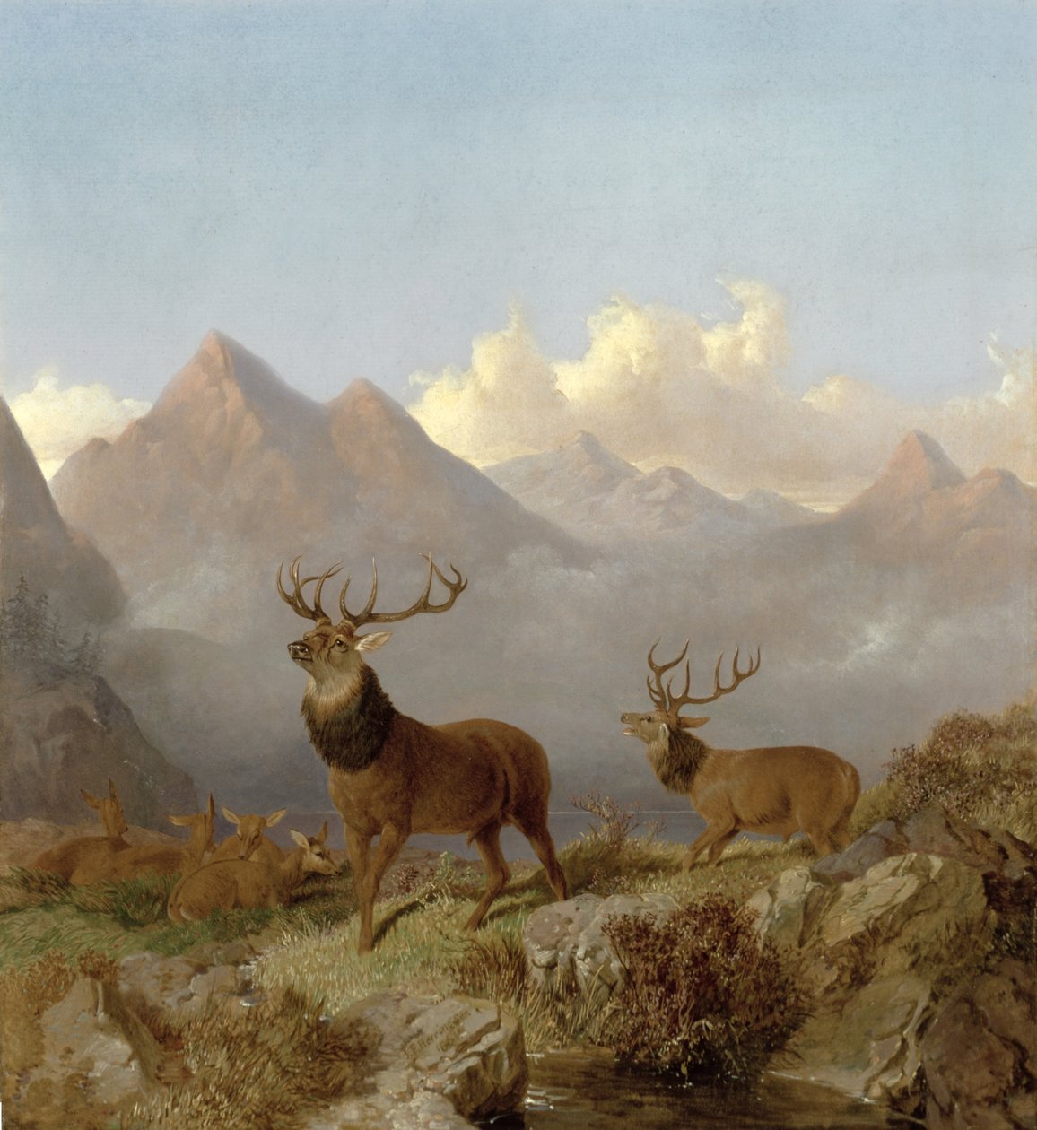 Stags and Hinds in a Highland Landscape (Detail) by John Frederick Herring Junior