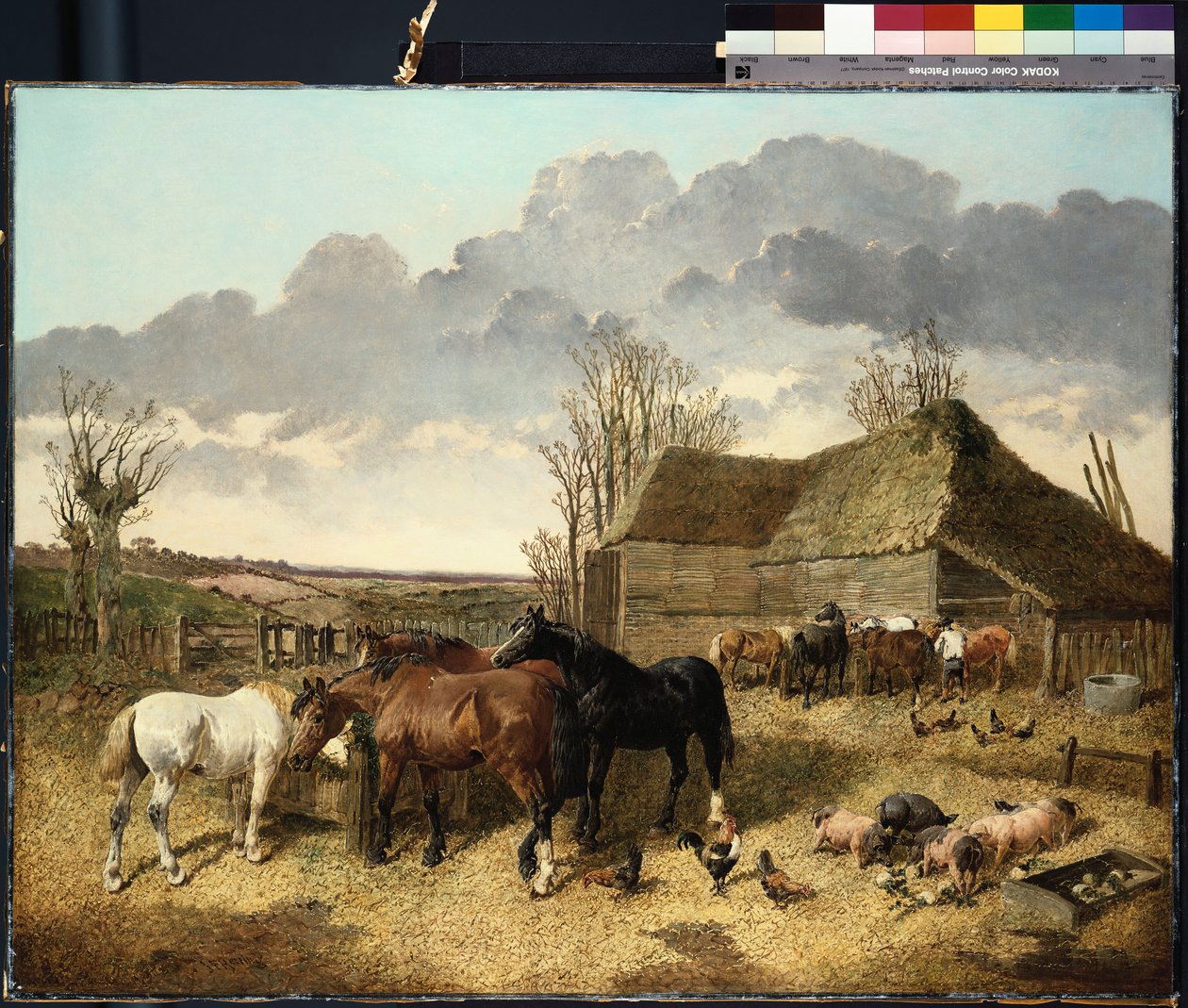 Horses eating from a manger, with pigs and chickens in a farmyard by John Frederick Herring Junior