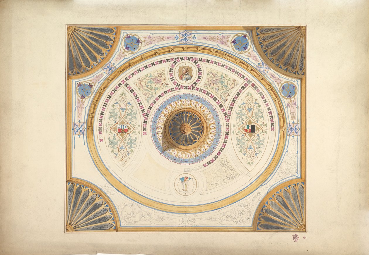 Design for Ceiling with Two Portraits and Fan Supports at Corners, 19th century by John Gregory Crace