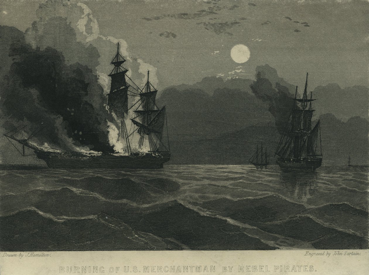 Burning of U.S. Merchantman by Rebel Pirates, 1865 by John Hamilton