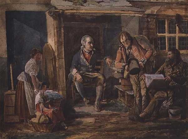 Group Including a Soldier Outside a Cottage Door by John Harden