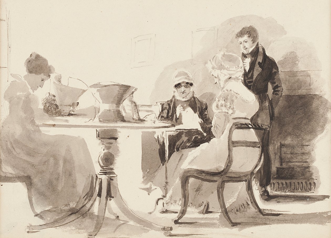 Man standing at a table with three seated women by John Harden