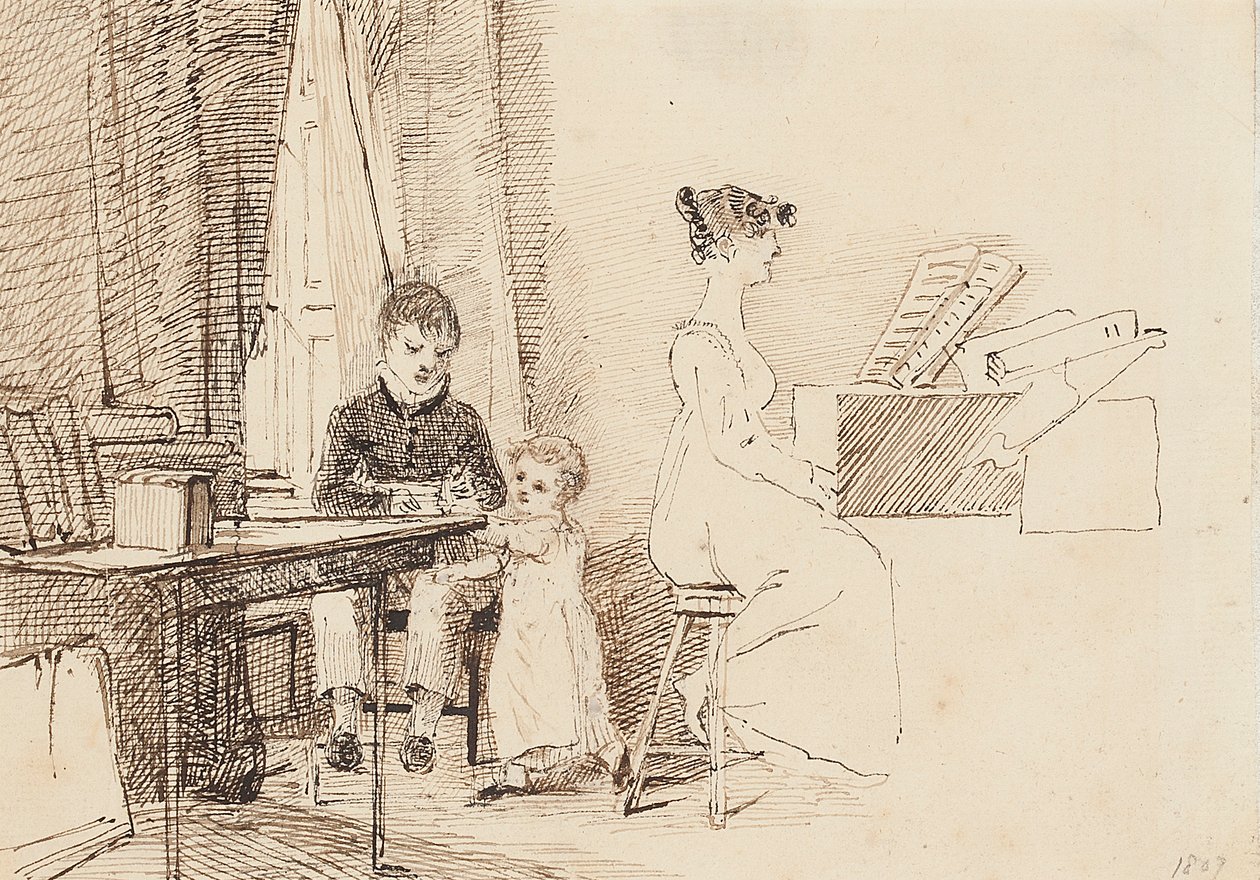 Two children and a woman at the piano, 1807 by John Harden