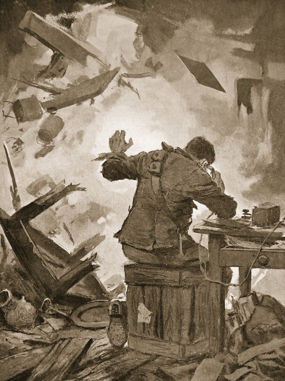 Bombardier French finishing his message after a shell had come through the room in which he was telephoning by John Harris Valda