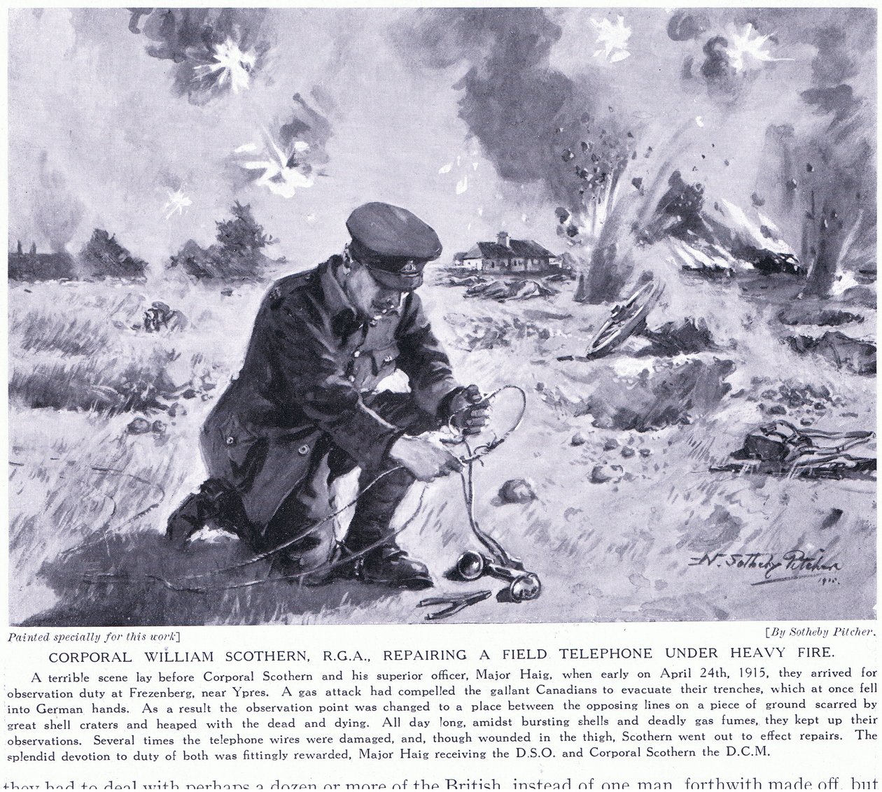 Corporal William Scothern RGA Repairing a Field Telephone Under Heavy Fire, Awarded DCM Ypres May 1915 by John Harris Valda