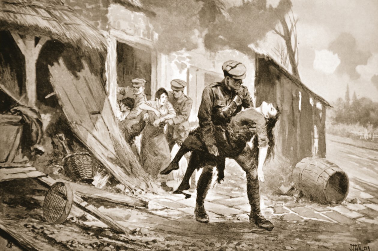 Gunner Rafferty Carrying a Wounded Woman to Safety from a Shelled Farmhouse by John Harris Valda