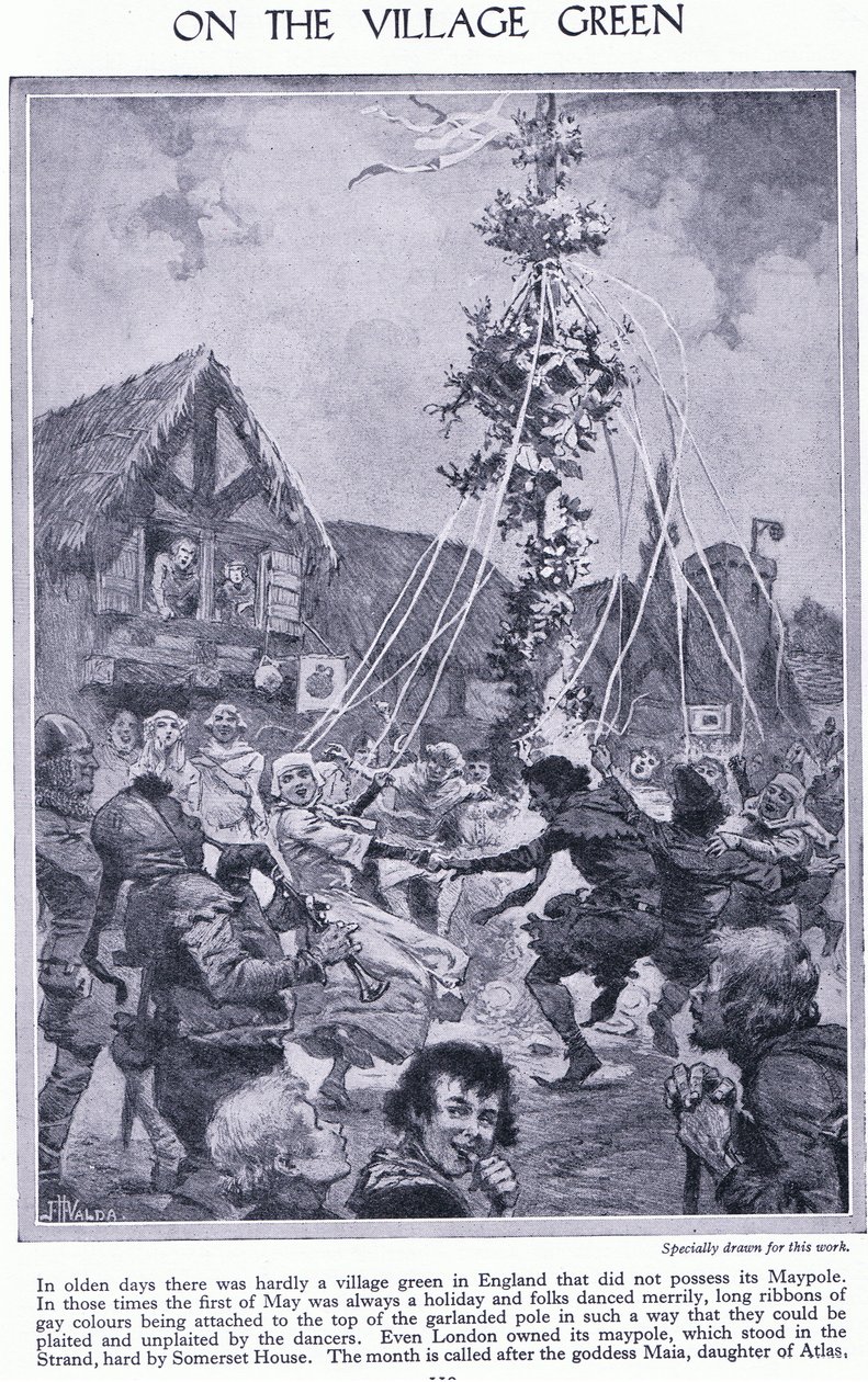 On the Village Green. Dancing Around the Maypole by John Harris Valda