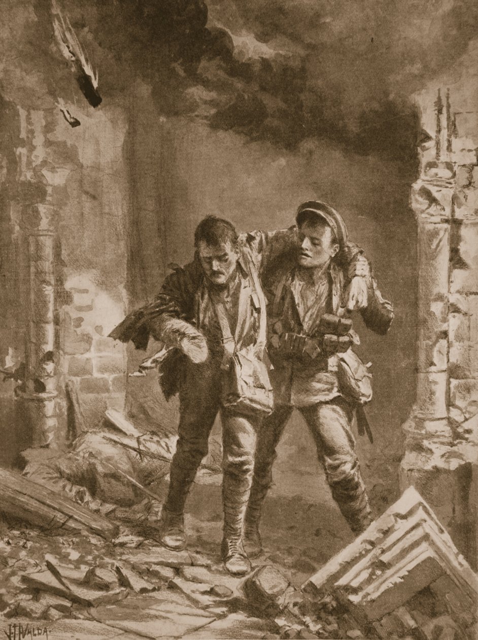 Private A.E. Walker Assisting a Wounded Comrade from a Burning Church Used as a Hospital by John Harris Valda