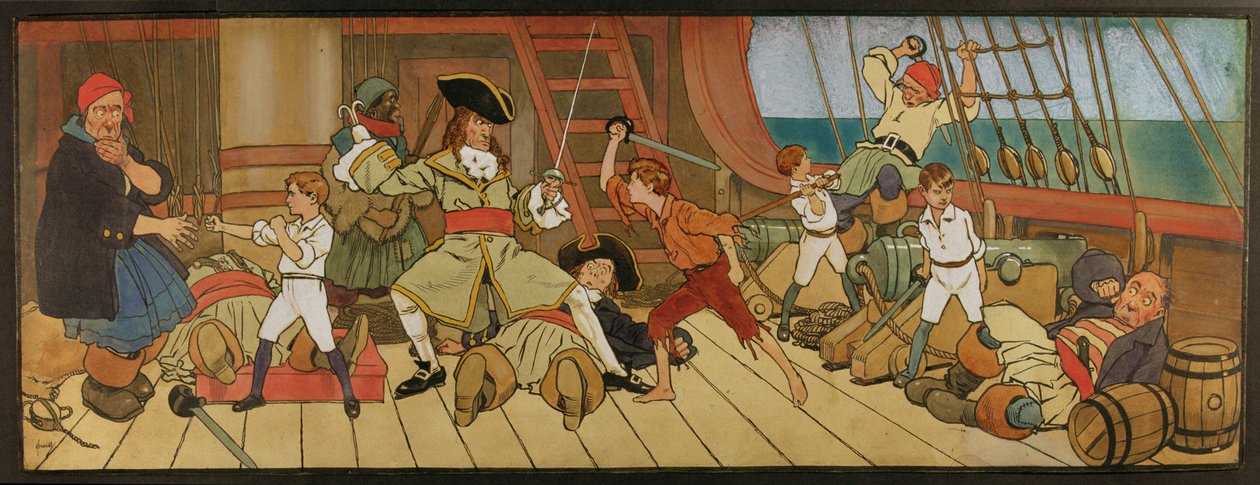 The Lost Boys in Combat with the Pirates and Peter in the Final Duel with Captain Hook, Illustration from 