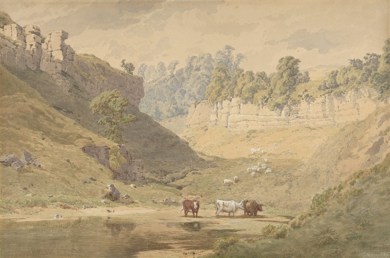 Cattle at a Watering Hole in a Valley by John Henry Mole