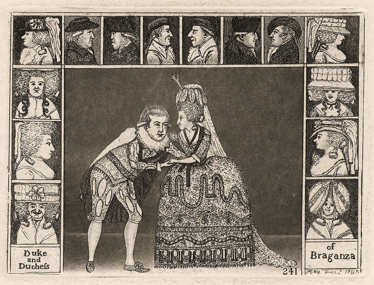 Mary Ann Yates and Laurence Clinch Playing the Duke and Duchess of Braganza in Braganza surrounded by members of the audience. 1785 by John Kay