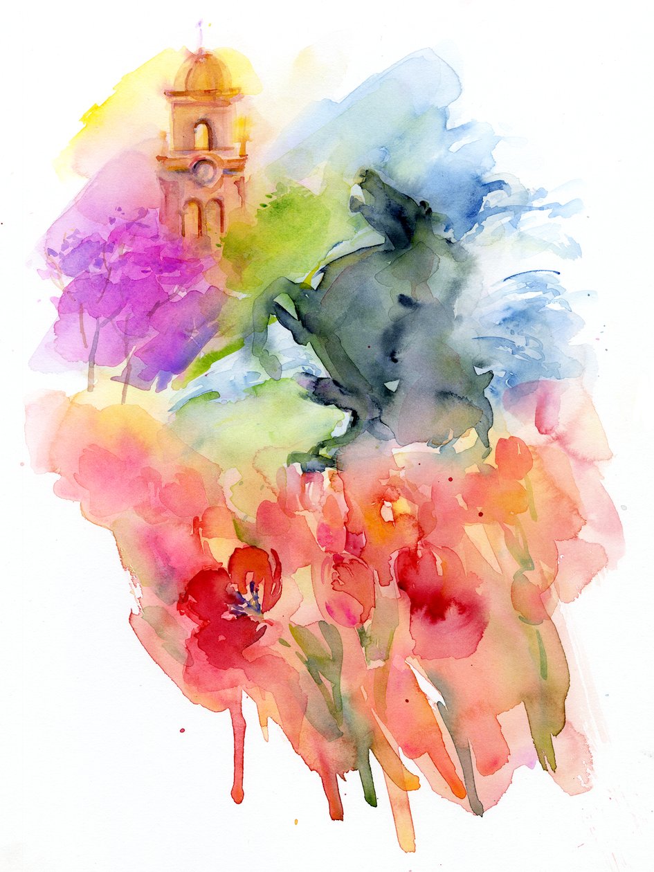 Plaza with Red Tulips by John Keeling