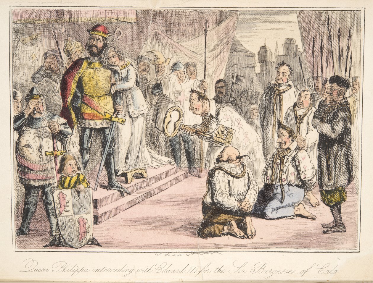 Queen Philippa interceding with Edward III for the Six Burgesses of Calais, from The Comic History of England by John Leech