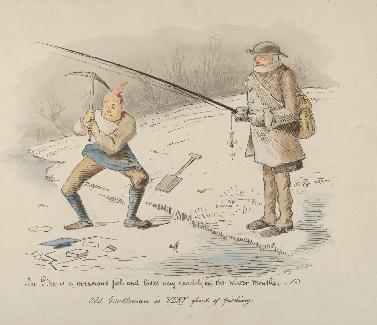 The Pike is a voracious fish and bites readily in the Winter months-Old Gentleman, 1830-64 by John Leech