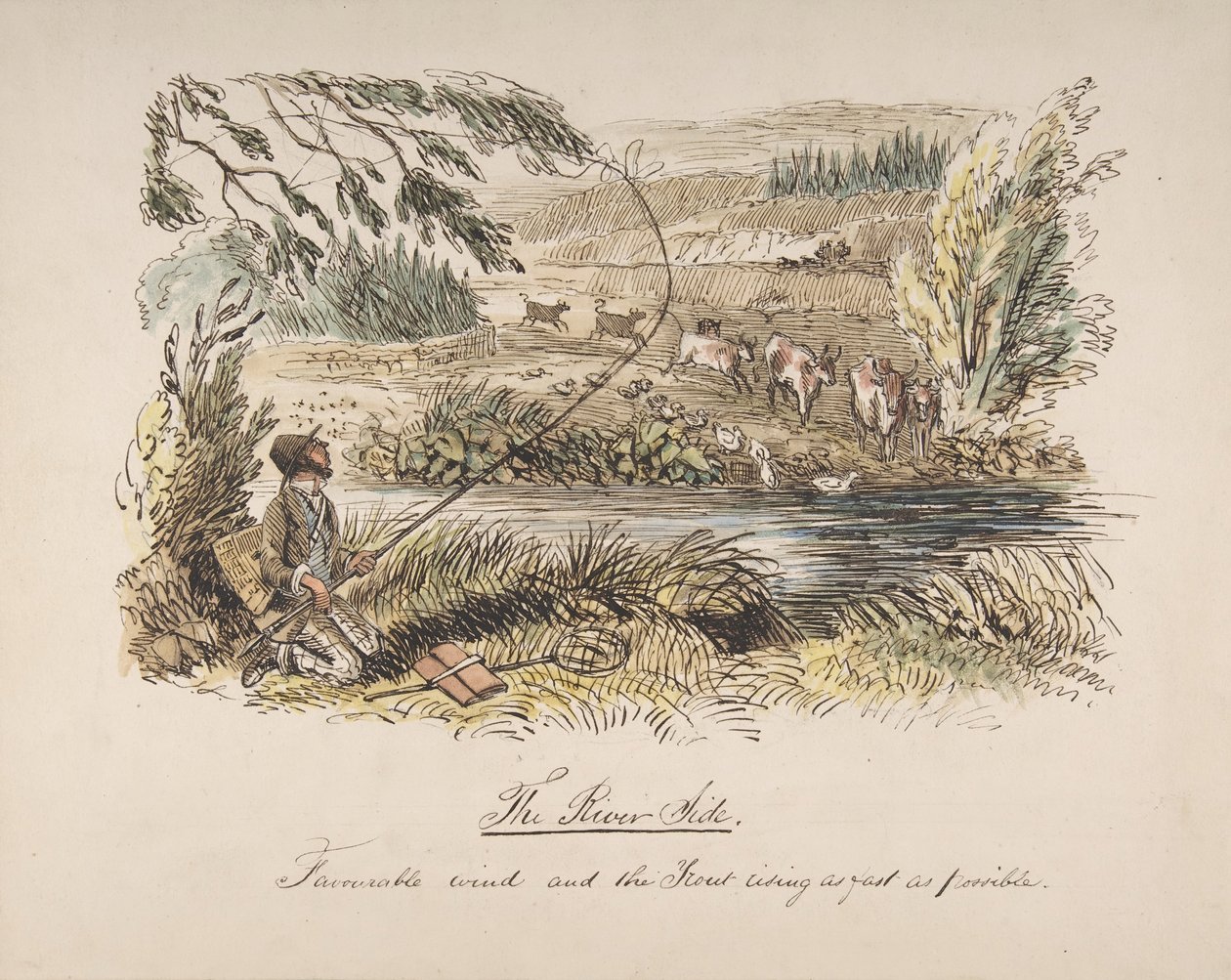 The Riverside, Favourable Wind and the Trout Rising as Fast as Possible, 1830-64 by John Leech
