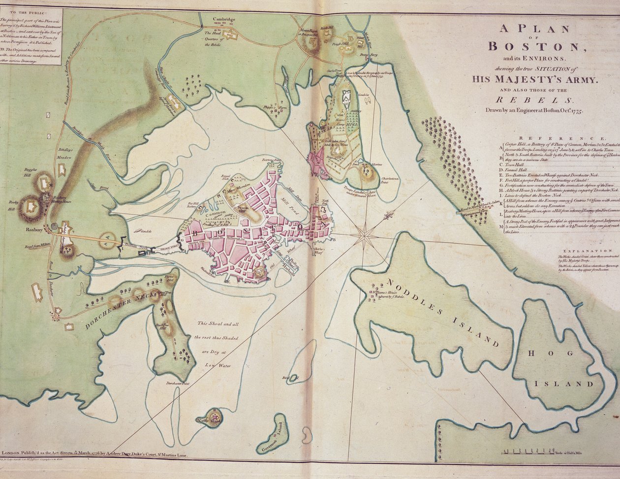 Plan of Boston and its environs showing the position of the British forces and the Rebel American forces, drawn October 1775, printed in 