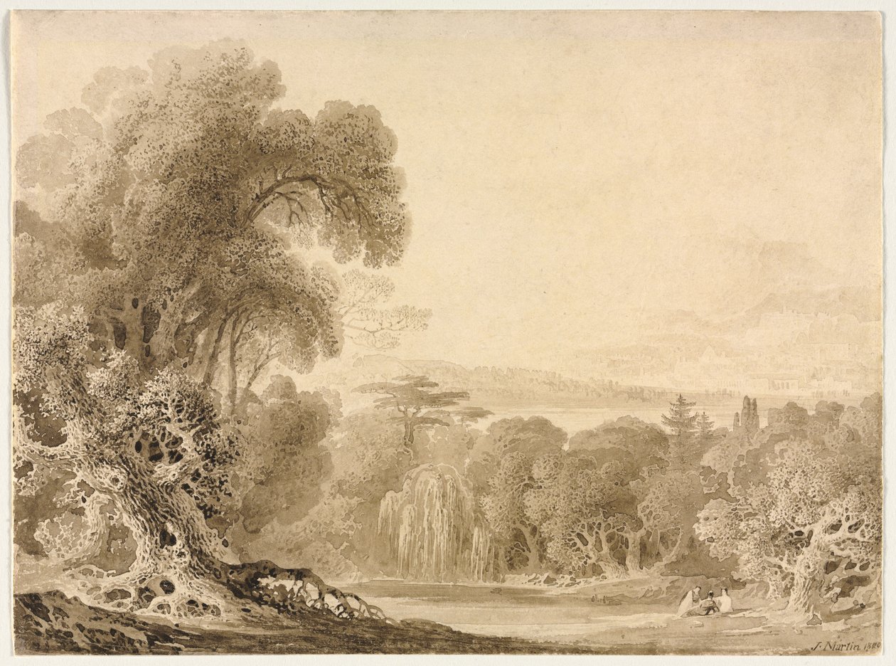 Figures Seated by a Lake in a Wooded Landscape by John Martin