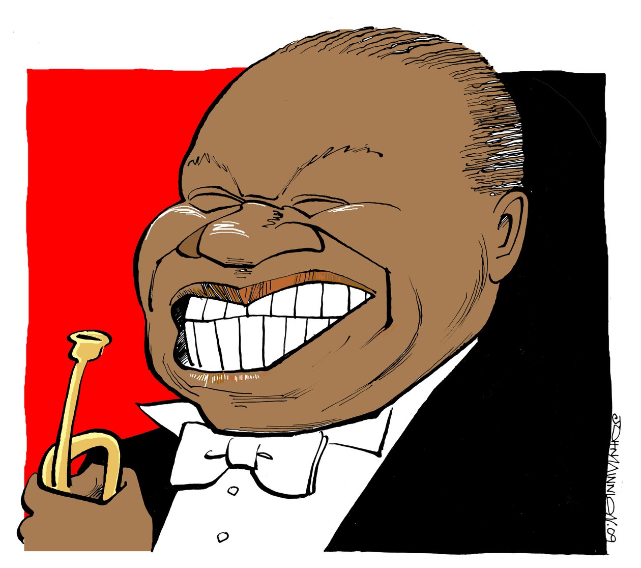 Louis Armstrong - caricature playing trumpet by John Minnion