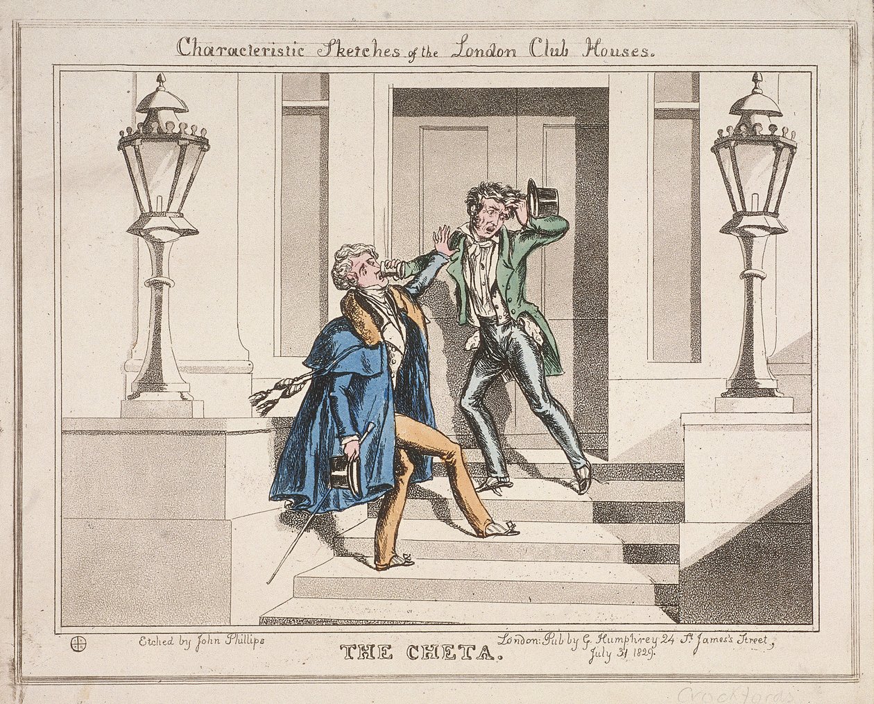 View of two drunken revellers on the steps of Crockford
