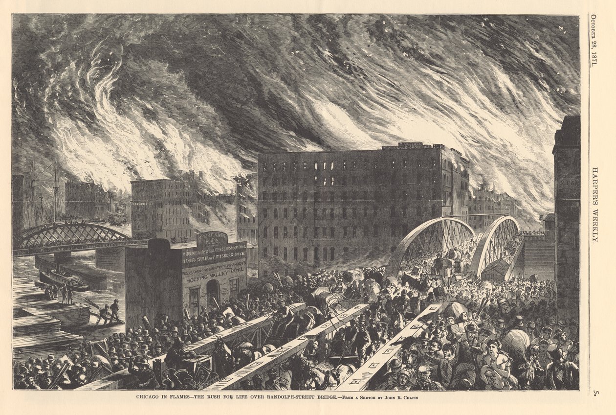 Chicago in flames - the rush for life over the Randolph Street Bridge, illustration from Harper
